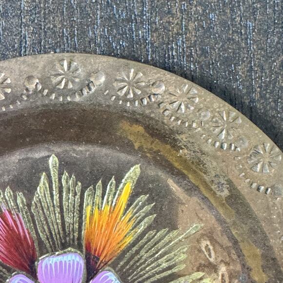 VTG Brass Hand Painted Metal 4" Tray Plate Trinket Dish Artisan Floral Pansy - Picture 9 of 12